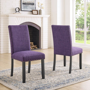 English Elm Biony Espresso Round Dining Set with Brass Nailhead Upholstered Chairs for Four Purple T2574S00366