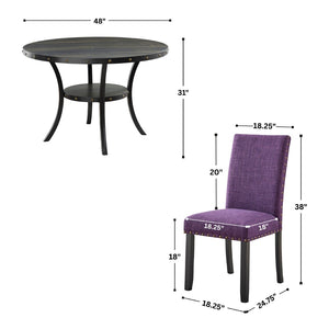 English Elm Biony Espresso Round Dining Set with Brass Nailhead Upholstered Chairs for Four Purple T2574S00366