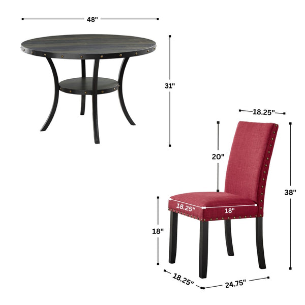 English Elm Biony Espresso Round Dining Set with Brass Nailhead Upholstered Chairs for Four Red T2574S00367
