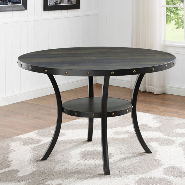 English Elm Biony Espresso Round Dining Set with Brass Nailhead Upholstered Chairs for Four Red T2574S00367