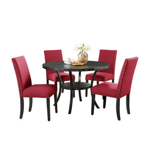 English Elm Biony Espresso Round Dining Set with Brass Nailhead Upholstered Chairs for Four Red T2574S00367