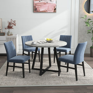 English Elm Edo Round Trestle Dining Set Rubberwood Table with Four Channel Tufted Upholstered Chairs Blue T2574S00370