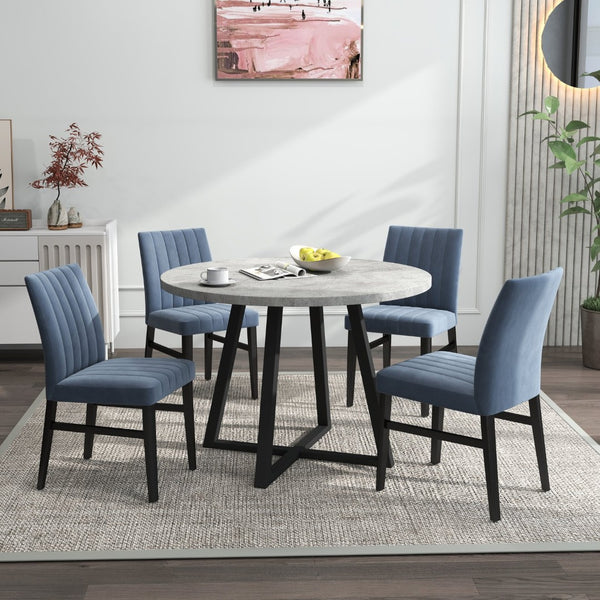 English Elm Edo Round Trestle Dining Set Rubberwood Table with Four Channel Tufted Upholstered Chairs Blue T2574S00370