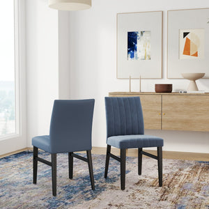 English Elm Edo Round Trestle Dining Set Rubberwood Table with Four Channel Tufted Upholstered Chairs Blue T2574S00370