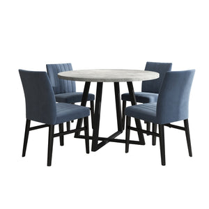 English Elm Edo Round Trestle Dining Set Rubberwood Table with Four Channel Tufted Upholstered Chairs Blue T2574S00370