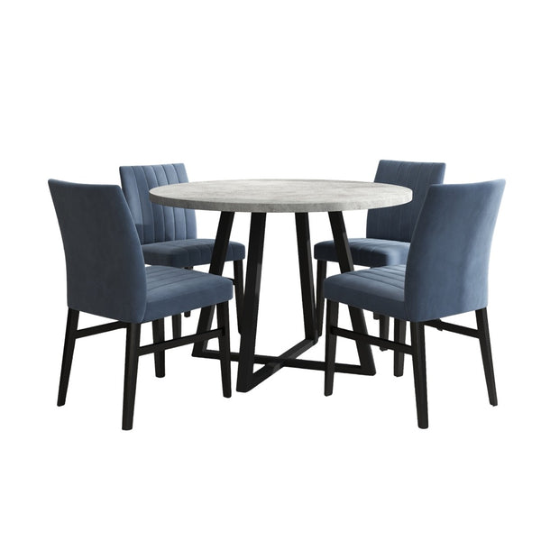 English Elm Edo Round Trestle Dining Set Rubberwood Table with Four Channel Tufted Upholstered Chairs Blue T2574S00370