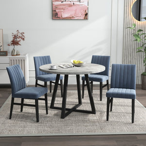 English Elm Edo Round Trestle Dining Set Rubberwood Table with Four Channel Tufted Upholstered Chairs Blue T2574S00370