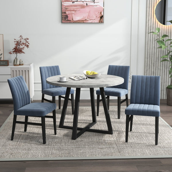 English Elm Edo Round Trestle Dining Set Rubberwood Table with Four Channel Tufted Upholstered Chairs Blue T2574S00370