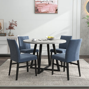 English Elm Edo Round Trestle Dining Set Rubberwood Table with Four Channel Tufted Upholstered Chairs Blue T2574S00370