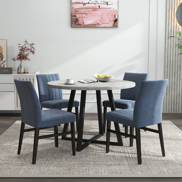 English Elm Edo Round Trestle Dining Set Rubberwood Table with Four Channel Tufted Upholstered Chairs Blue T2574S00370