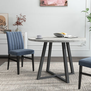English Elm Edo Round Trestle Dining Set Rubberwood Table with Four Channel Tufted Upholstered Chairs Blue T2574S00370
