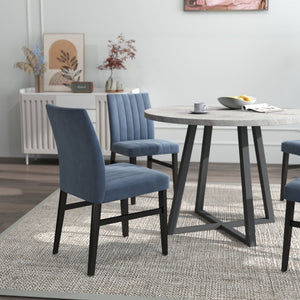 English Elm Edo Round Trestle Dining Set Rubberwood Table with Four Channel Tufted Upholstered Chairs Blue T2574S00370