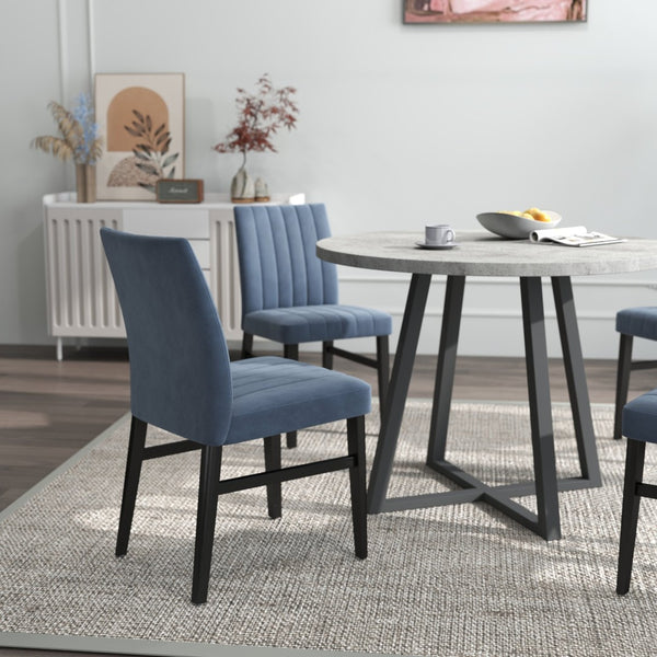 English Elm Edo Round Trestle Dining Set Rubberwood Table with Four Channel Tufted Upholstered Chairs Blue T2574S00370