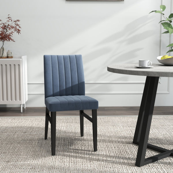 English Elm Edo Round Trestle Dining Set Rubberwood Table with Four Channel Tufted Upholstered Chairs Blue T2574S00370