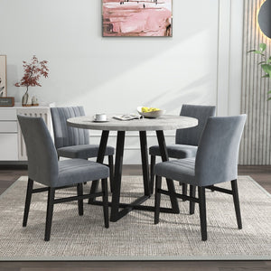 English Elm Edo Round Trestle Dining Set Rubberwood Table with Four Channel Tufted Upholstered Chairs Gray T2574S00371