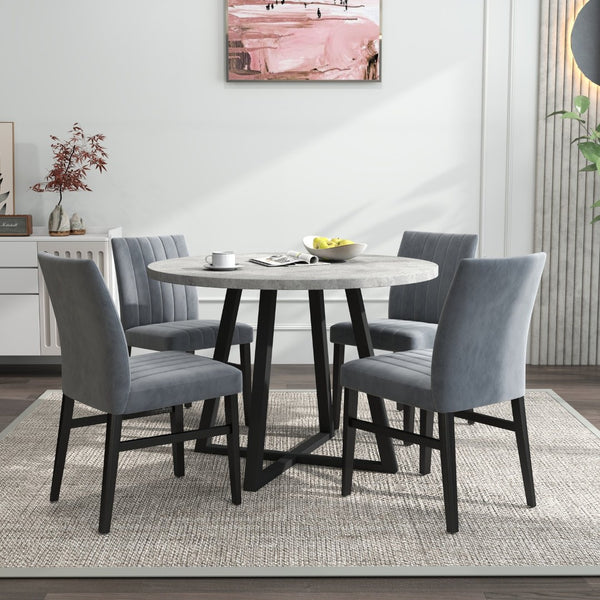 English Elm Edo Round Trestle Dining Set Rubberwood Table with Four Channel Tufted Upholstered Chairs Gray T2574S00371