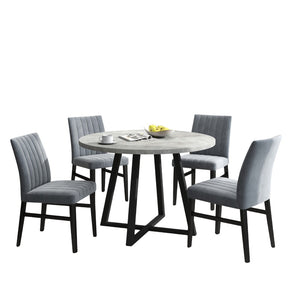 English Elm Edo Round Trestle Dining Set Rubberwood Table with Four Channel Tufted Upholstered Chairs Gray T2574S00371