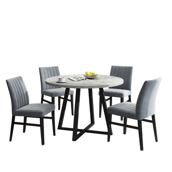 English Elm Edo Round Trestle Dining Set Rubberwood Table with Four Channel Tufted Upholstered Chairs Gray T2574S00371