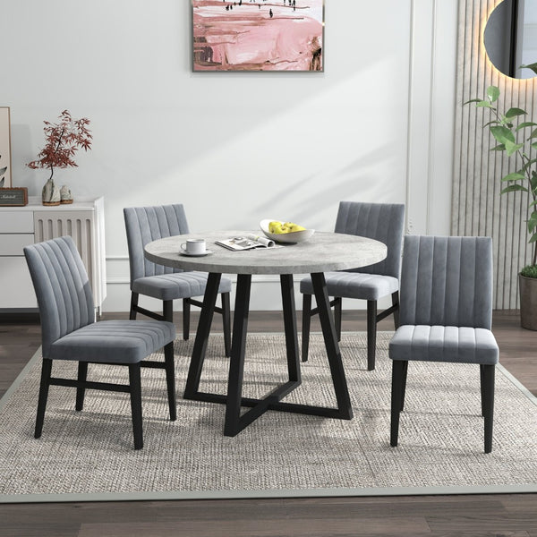 English Elm Edo Round Trestle Dining Set Rubberwood Table with Four Channel Tufted Upholstered Chairs Gray T2574S00371