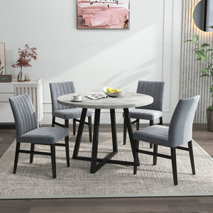 English Elm Edo Round Trestle Dining Set Rubberwood Table with Four Channel Tufted Upholstered Chairs Gray T2574S00371