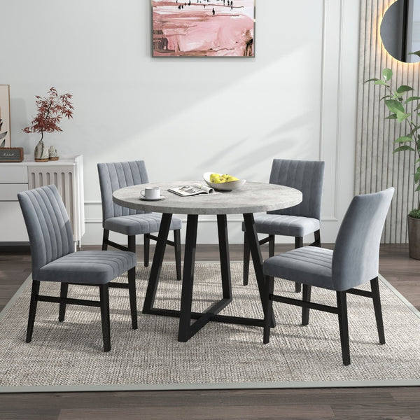 English Elm Edo Round Trestle Dining Set Rubberwood Table with Four Channel Tufted Upholstered Chairs Gray T2574S00371