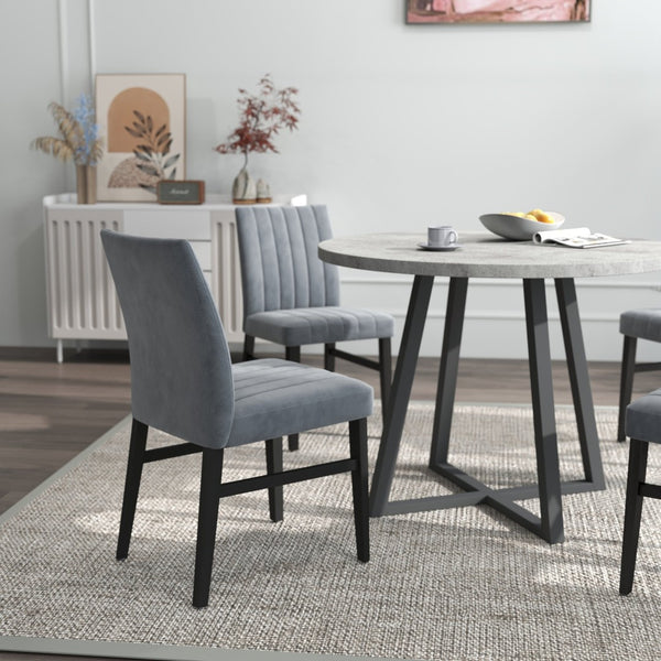 English Elm Edo Round Trestle Dining Set Rubberwood Table with Four Channel Tufted Upholstered Chairs Gray T2574S00371