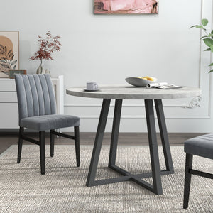 English Elm Edo Round Trestle Dining Set Rubberwood Table with Four Channel Tufted Upholstered Chairs Gray T2574S00371
