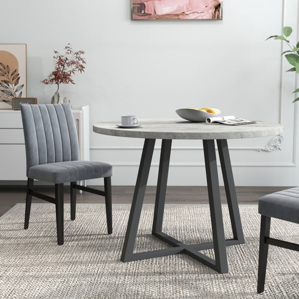 English Elm Edo Round Trestle Dining Set Rubberwood Table with Four Channel Tufted Upholstered Chairs Gray T2574S00371