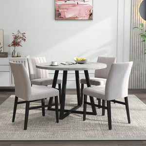 English Elm Edo Round Trestle Dining Set Rubberwood Table with Four Channel Tufted Upholstered Chairs Tan T2574S00372