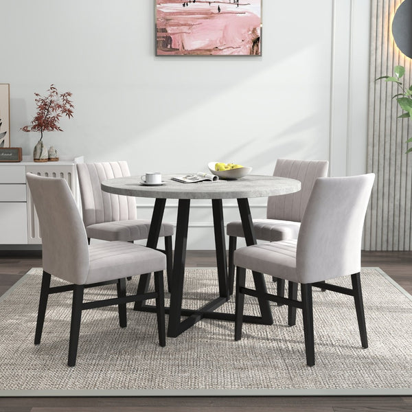 English Elm Edo Round Trestle Dining Set Rubberwood Table with Four Channel Tufted Upholstered Chairs Tan T2574S00372