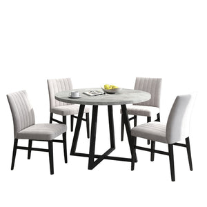 English Elm Edo Round Trestle Dining Set Rubberwood Table with Four Channel Tufted Upholstered Chairs Tan T2574S00372