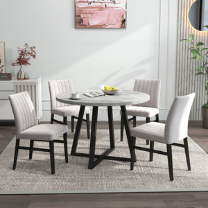 English Elm Edo Round Trestle Dining Set Rubberwood Table with Four Channel Tufted Upholstered Chairs Tan T2574S00372