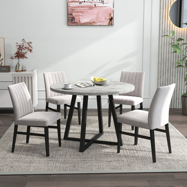 English Elm Edo Round Trestle Dining Set Rubberwood Table with Four Channel Tufted Upholstered Chairs Tan T2574S00372