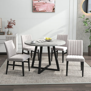 English Elm Edo Round Trestle Dining Set Rubberwood Table with Four Channel Tufted Upholstered Chairs Tan T2574S00372