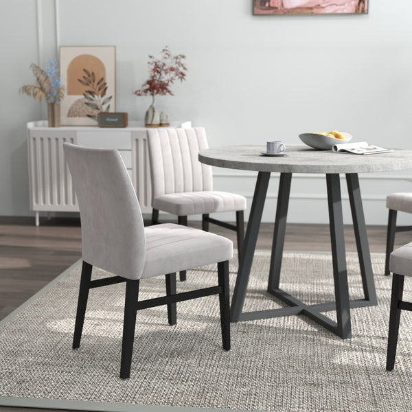 English Elm Edo Round Trestle Dining Set Rubberwood Table with Four Channel Tufted Upholstered Chairs Tan T2574S00372