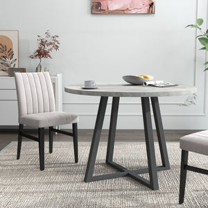 English Elm Edo Round Trestle Dining Set Rubberwood Table with Four Channel Tufted Upholstered Chairs Tan T2574S00372