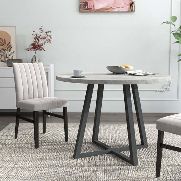 English Elm Edo Round Trestle Dining Set Rubberwood Table with Four Channel Tufted Upholstered Chairs Tan T2574S00372