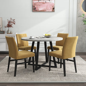 English Elm Edo Round Trestle Dining Set Rubberwood Table with Four Channel Tufted Upholstered Chairs Yellow T2574S00373