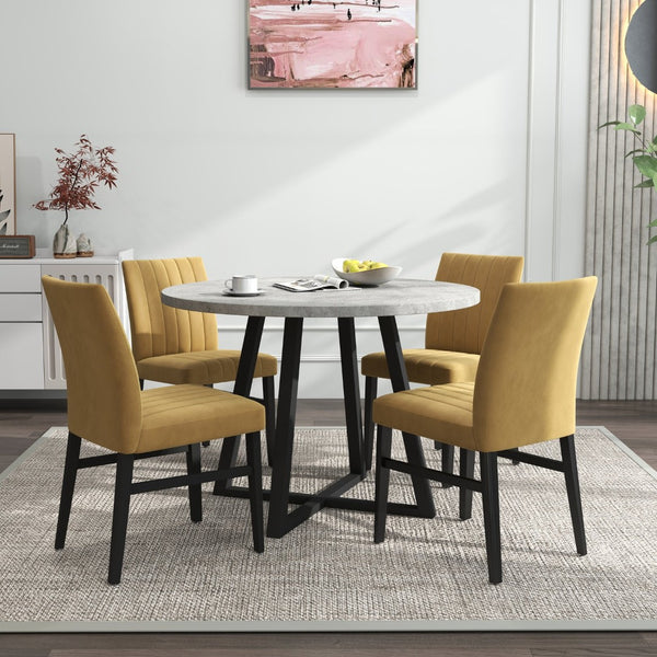 English Elm Edo Round Trestle Dining Set Rubberwood Table with Four Channel Tufted Upholstered Chairs Yellow T2574S00373