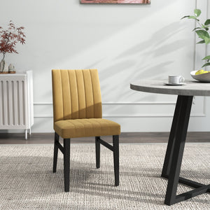 English Elm Edo Round Trestle Dining Set Rubberwood Table with Four Channel Tufted Upholstered Chairs Yellow T2574S00373