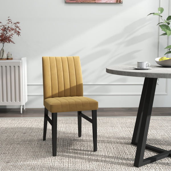 English Elm Edo Round Trestle Dining Set Rubberwood Table with Four Channel Tufted Upholstered Chairs Yellow T2574S00373