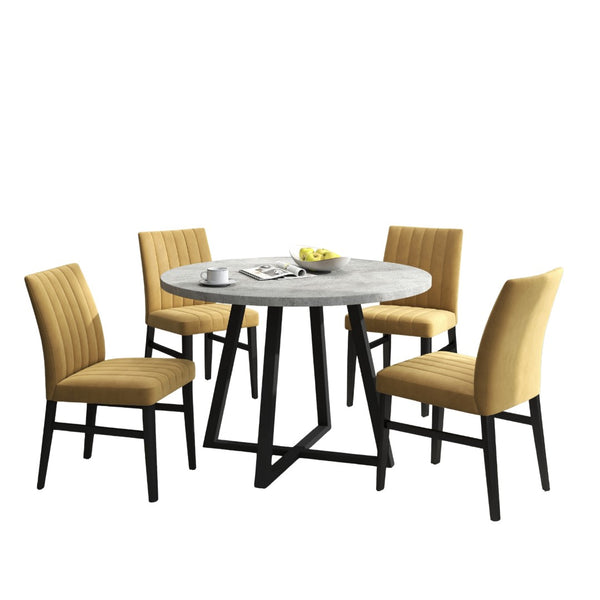 English Elm Edo Round Trestle Dining Set Rubberwood Table with Four Channel Tufted Upholstered Chairs Yellow T2574S00373