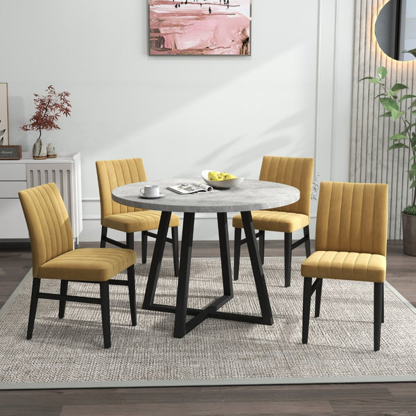 English Elm Edo Round Trestle Dining Set Rubberwood Table with Four Channel Tufted Upholstered Chairs Yellow T2574S00373