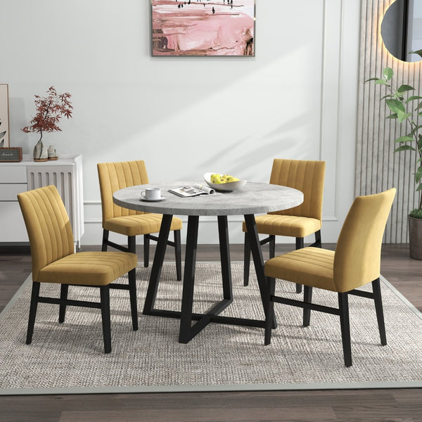English Elm Edo Round Trestle Dining Set Rubberwood Table with Four Channel Tufted Upholstered Chairs Yellow T2574S00373