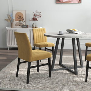 English Elm Edo Round Trestle Dining Set Rubberwood Table with Four Channel Tufted Upholstered Chairs Yellow T2574S00373