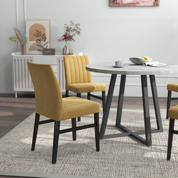 English Elm Edo Round Trestle Dining Set Rubberwood Table with Four Channel Tufted Upholstered Chairs Yellow T2574S00373