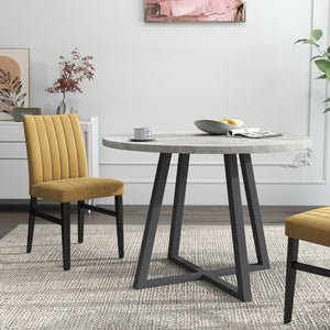 English Elm Edo Round Trestle Dining Set Rubberwood Table with Four Channel Tufted Upholstered Chairs Yellow T2574S00373