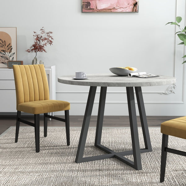 English Elm Edo Round Trestle Dining Set Rubberwood Table with Four Channel Tufted Upholstered Chairs Yellow T2574S00373