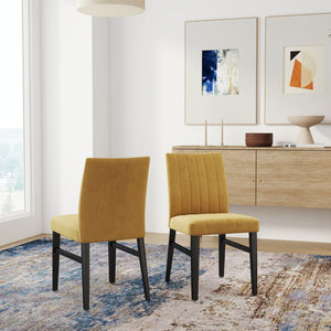 English Elm Edo Round Trestle Dining Set Rubberwood Table with Four Channel Tufted Upholstered Chairs Yellow T2574S00373