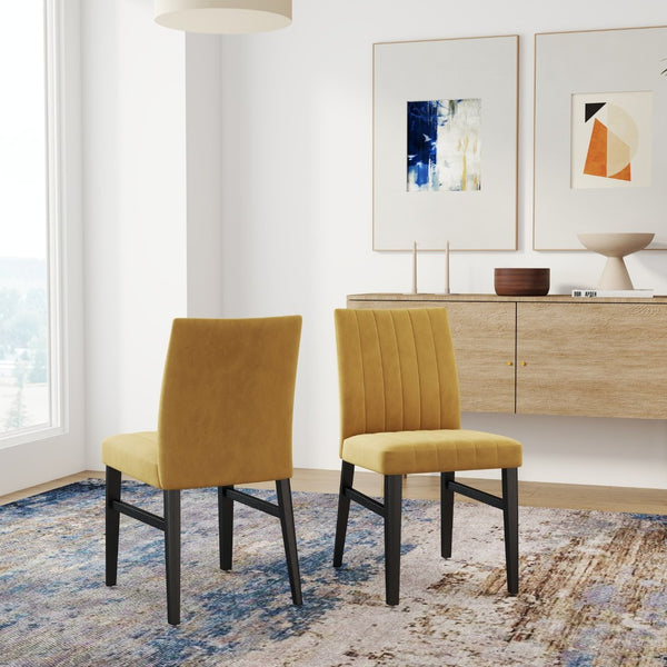 English Elm Edo Round Trestle Dining Set Rubberwood Table with Four Channel Tufted Upholstered Chairs Yellow T2574S00373